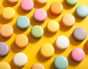 Obraz premium Colorful assortment of macarons arranged on a vibrant yellow surface