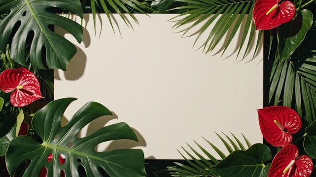 Tropical leaves and flowers framing a blank space