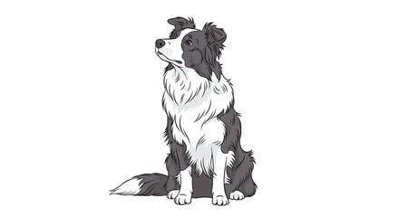 Fototapeta premium Beautifully illustrated black and white Border Collie dog sitting attentively and looking up isolated on a plain white background.