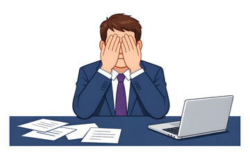 Frustrated businessman covering eyes at desk with laptop and documents. Stress, overload, mistake, or burnout in the office.