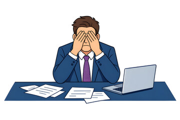 Stressed businessman covering his face (facepalm gesture) sitting at an office desk with a laptop and papers. Vector illustration of work burnout and frustration.