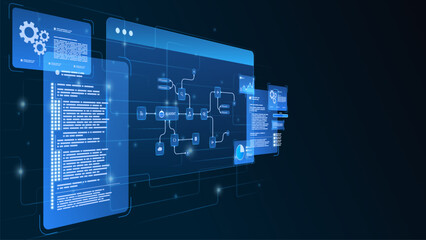 AI workflow automation artificial intelligence. futuristic ai system architecture and automation workflow visualization with code panels, connected modules, and data pipelines.