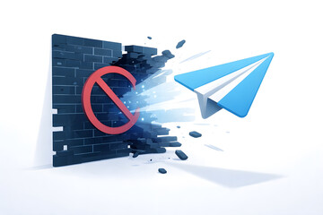 Paper plane breaking through brick wall with censorship prohibition sign, symbolizing overcoming restrictions, freedom of information, and digital communication.