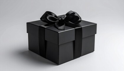A sleek, black gift box with a satin ribbon and bow, set against a white background