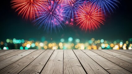 Fireworks Exploding over a Modern Wooden Floor with a Blurred Metropolitan Background