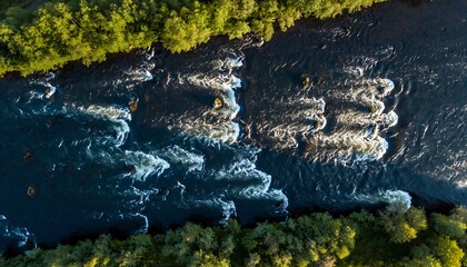 Aerial View of Rushing River with Foaming Rapids and Lush Green Forest.