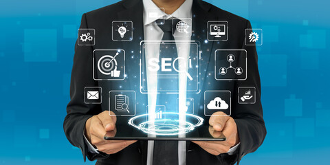 SEO concept for improving SEO visibility, with SEO related digital tools and SEO performance icons shown in an focused layout for strategic marketing. Spline