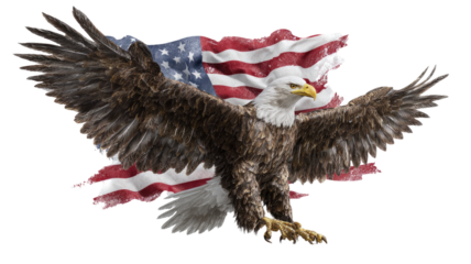 American bald eagle with American flag flying patriotic symbol of freedom strength and national pride isolated on white background