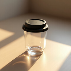 Modern Clear Glass Tumbler with Black Silicone Lid on Minimalist Wooden Surface