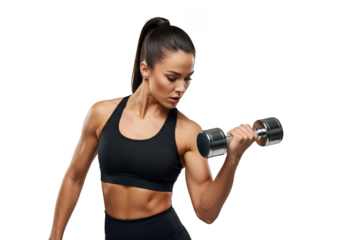 Fit woman lifting dumbbell isolated on transparent background while exercising