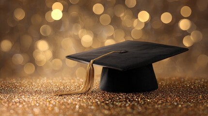 A black square academic cap with gold tassel on a textured sparkly surface, illuminated by a bokeh background