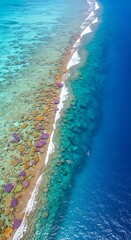 Aerial View of a Tropical Reef and Deep Blue Ocean.