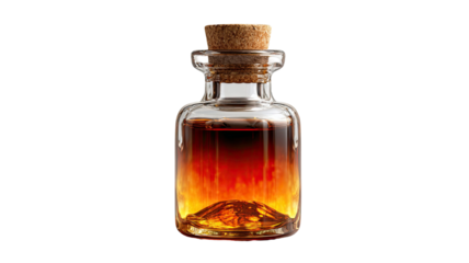 Amber liquid inside corked glass bottle natural extract or essential oil for skincare and wellness isolated on white background