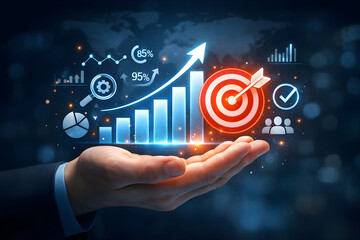 Business hand holding glowing digital interface with growth chart, target achievement, data analysis, and successful strategic planning icons on dark background.