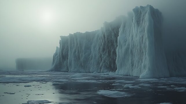 Monumental icebergs floating in foggy arctic waterscapes create serene landscape - Powered by Adobe