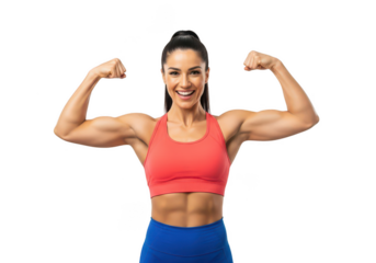 Smiling muscular woman flexing biceps isolated on transparent background