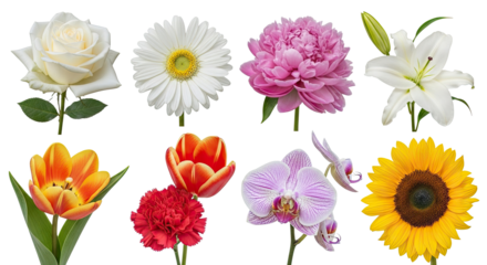 A collection of colorful flowers, including roses, daisies, peonies, lilies, tulips, orchids, and sunflowers, arranged in a grid pattern.