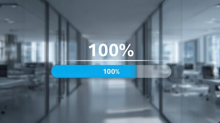 A blurred, modern office interior with glass walls, showcasing a digital progress bar indicating 100% completion in a blue and white design