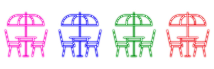 set of colorful neon outline icons depicting outdoor cafe furniture including a table with two chairs and a parasol providing shade, perfect for hospitality and leisure themes © Moynul Haque