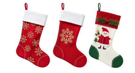 Three festive Christmas stockings with different designs and decorations.