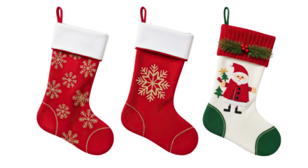 Three festive Christmas stockings with different designs and decorations.