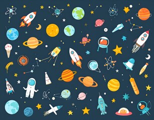 Colorful illustrated space scene with rockets, planets, stars, and astronauts