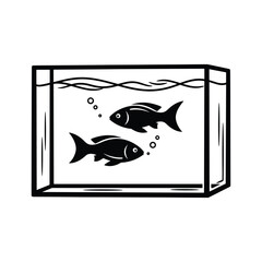 Two fish in a tank black and white illustration