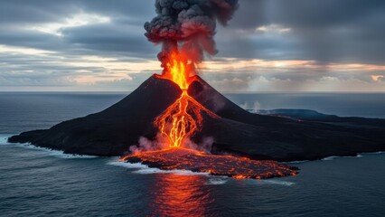 Volcanic island eruption spewing lava and ash into the ocean with a dramatic cloudy sky