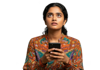 Young woman looking up while holding phone isolated on transparent background