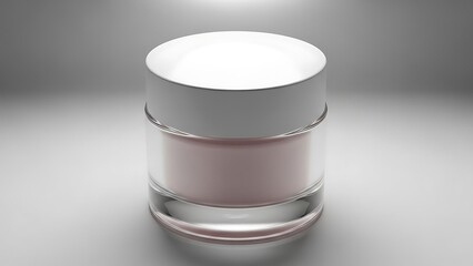3D Render of Empty Transparent Cosmetic Jar with White Lid and Pink Cream Residue on Soft Gradient Neutral Background Minimalist Beauty Product Mockup for Skincare, Makeup, or Packaging Design