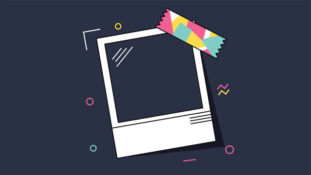 A retro-style instant photo frame taped to a dark background with colorful washi tape and abstract geometric shapes.