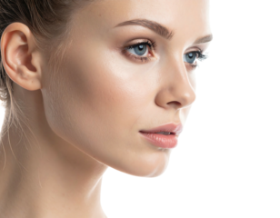 A close-up profile portrait of a fair-skinned woman, highlighting her eye, nose, and lips. The background is a clean black