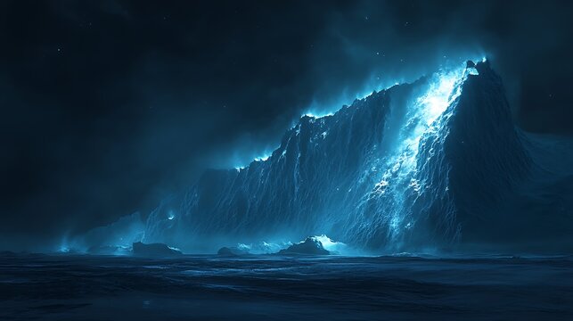 Surreal glowing ice mountainscape against a dark, star-dusted sky with ethereal ocean