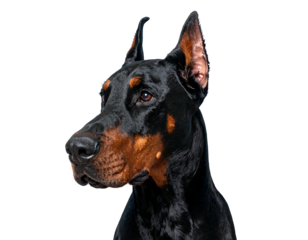 A close-up portrait of a sleek black and tan canine, showcasing expressive eyes and erect ears against a black backdrop