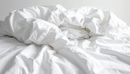 Close-up of a rumpled, bright white bedsheet, with soft folds and shadows