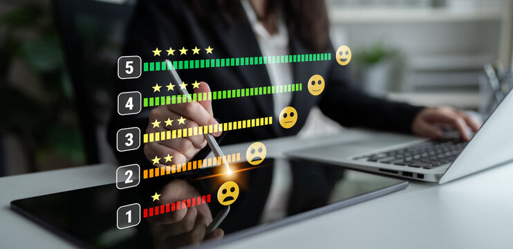 A customer satisfaction feedback and five star rating system. A concept for service review, product evaluation, and measuring user experience. Motif