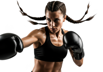 Female boxer throwing a punch isolated on transparent background