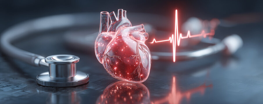 Transparent heart model stethoscope heartbeat cardiology concept medical technology health care innovation