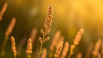 plantago. Plantago ovata plant with slender flower spikes swaying in golden hour light. gardening catalogs, home-decor guides, designed for gardening and botanical catalogs.