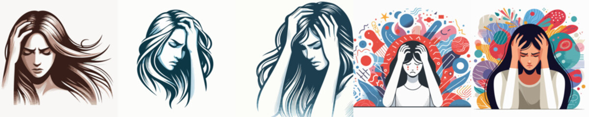 VECTOR WOMAN HAVING A HEADACHE WHITE BACKGROUND