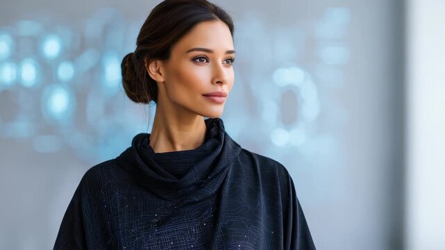 A stylish woman with flawless makeup and a sleek updo poses against a blurred, high tech background. Her serene expression and contemporary outfit highlight confidence and modern elegance