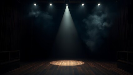 backstage. Dramatic spotlight on an empty wooden stage, creating a theatrical and mysterious atmosphere. event programs, museum guides, designed for cultural heritage projects and event programs.