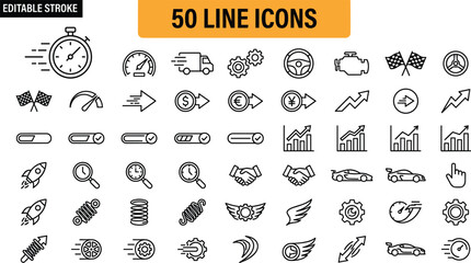 Vector collection of speed and performance line icons with editable stroke including stopwatch, rocket, and fast car symbols for efficiency design. © Fuad Creatives 