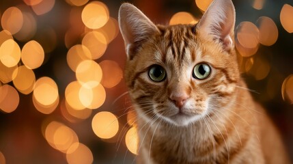 A close-up shot of an orange tabby cat, its eyes wide, facing the camera. Warm bokeh lights in the blurry background