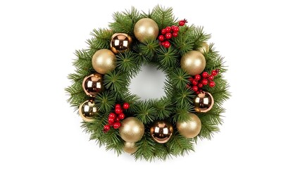 Christmas Wreath with Gold Ornaments and Red Berries on White Background