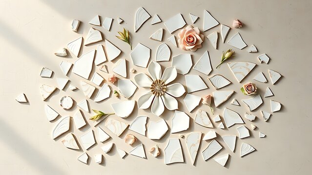 labdanum. Broken porcelain fragments reassembled into an elegant floral mosaic on a neutral surface, top-down view. menu design.