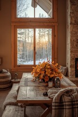Cozy morning in a rustic cabin