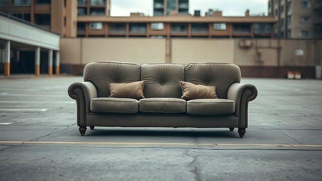 flagrant. A worn-out sofa on an empty urban lot, overcast daylight. real-estate listings, architecture portfolios, designed for interior renovation comparisons for interiors.