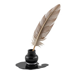 Writing inspiration quill and ink bottle still life home office digital art cozy environment close-up view