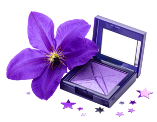 A close-up of purple eyeshadow in a square compact, a matching flower, and scattered stars on a dark background